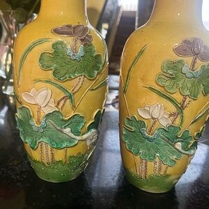 A pair of Antique Chinese Yellow Porcelain Vases- Chinese Relief Fahua